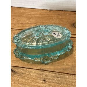 Fenton Glass Trinket Dresser Lidded Box Aqua Blue Iridescent Cabbage Rose